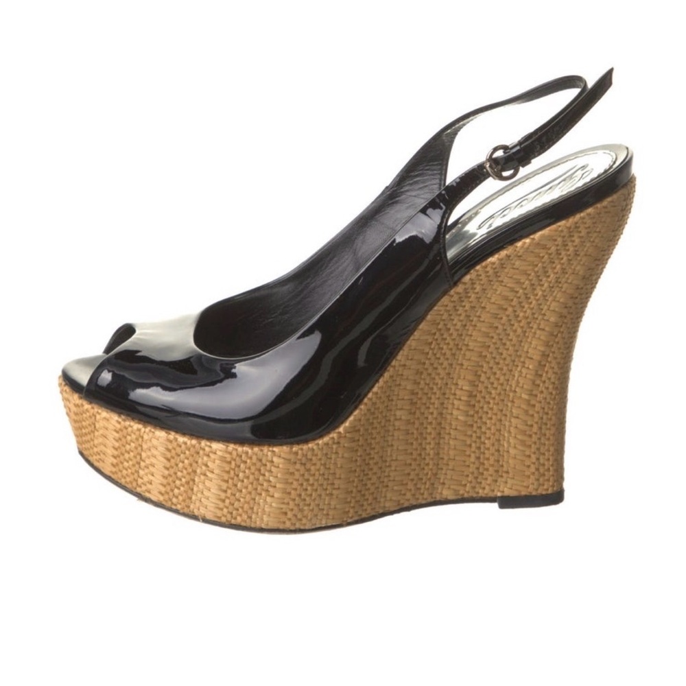 Gucci Black Patent Leather Wedge Sandals
